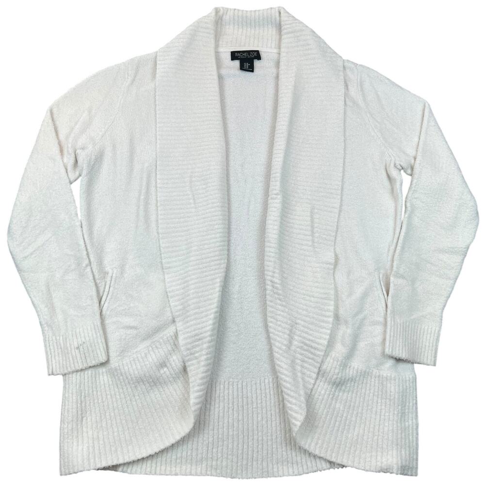 Rachel Zoe White Chenille Shawl Collar Open Cardigan Sweater Pockets Women’s M